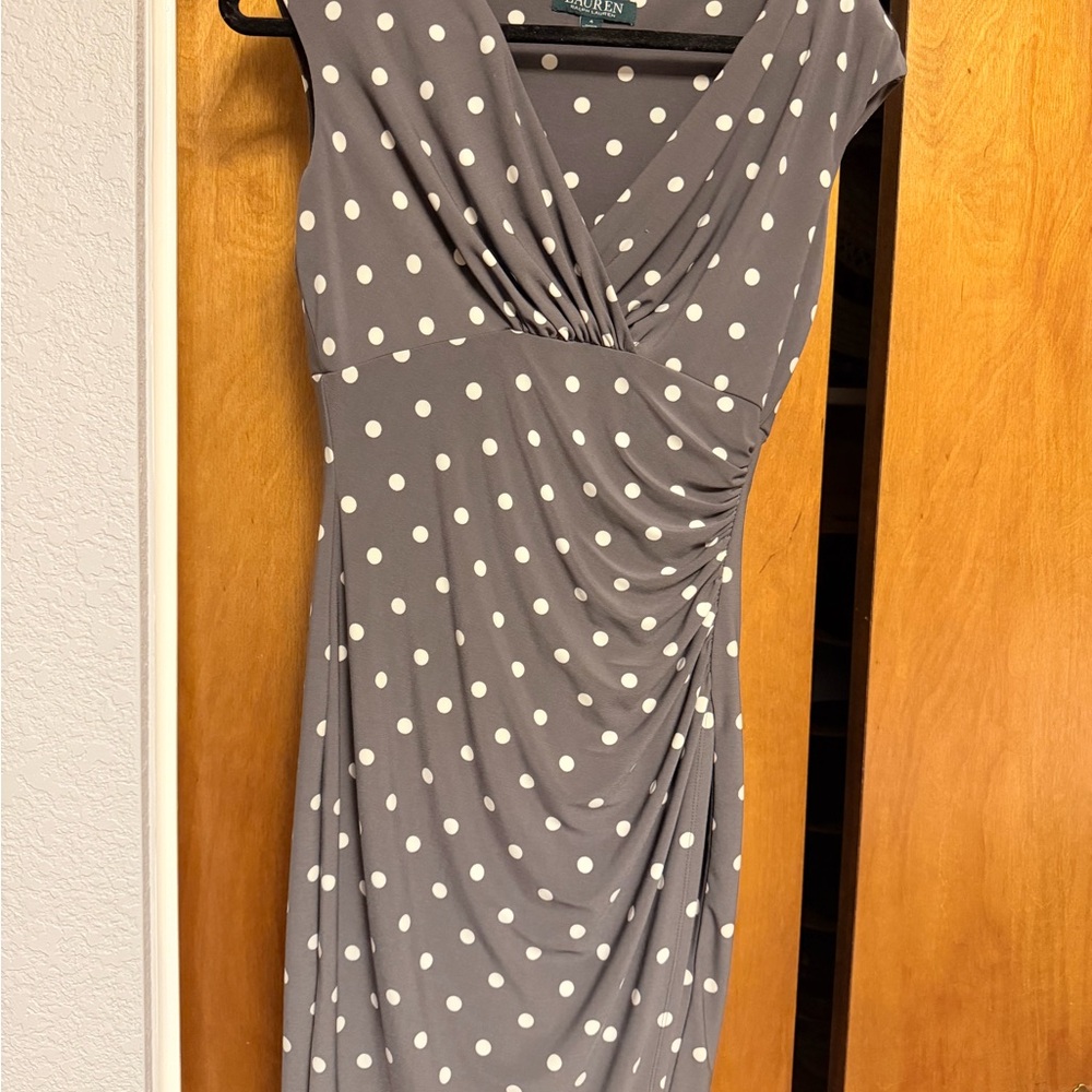 Ralph Lauren Gray with White Polka Dot Sleeveless Wrap-Style Midi Dress